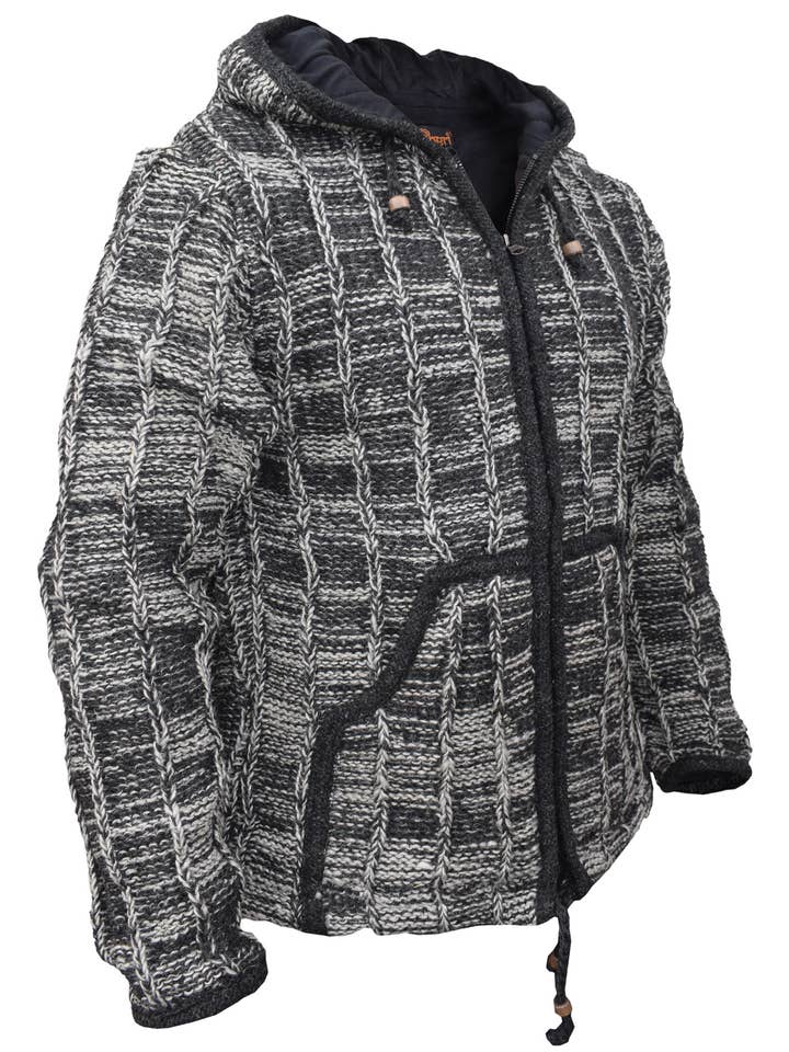 Veste d'hiver doublée en polaire en laine noire à torsades montagnardes pour la vente par Gheri