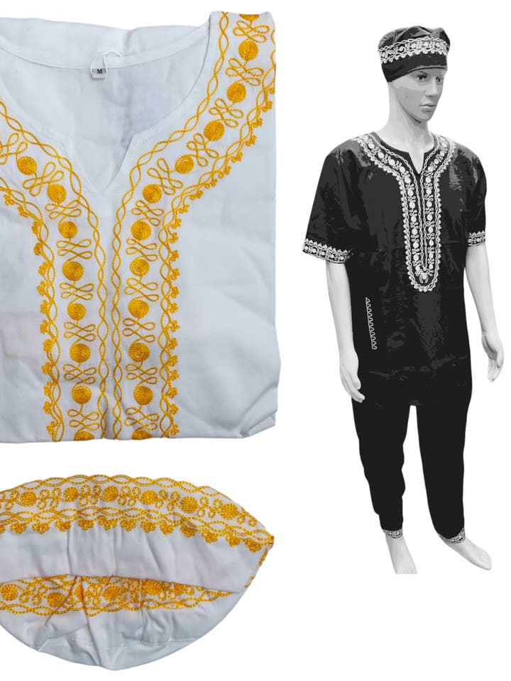 3-teiliges Stickerei-Set für Herren, Weiß für den Großhandel von India Batik