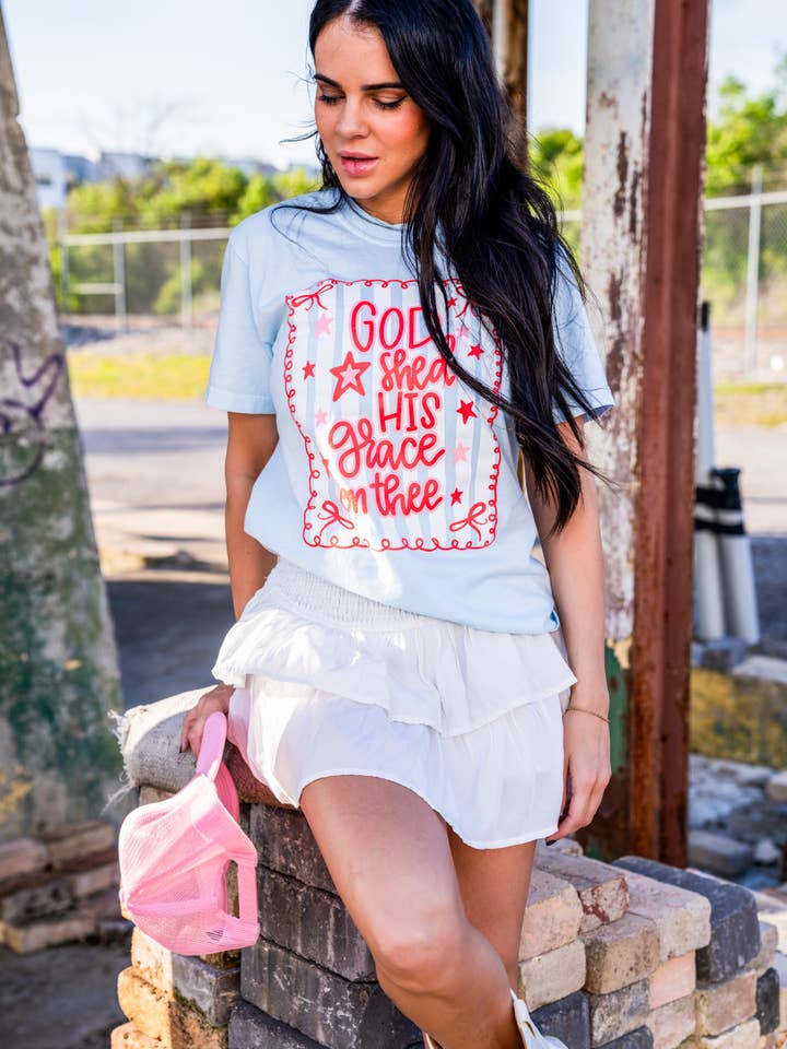 Small Town Society Apparel Co. - Wholesale Screen Printed T-Shirt - Women's - Grace On Thee | Chambray | Short Sleeve