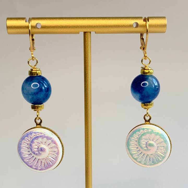Rainbow White Czech Glass Ammonite Earrings for wholesale by Lenora Dame