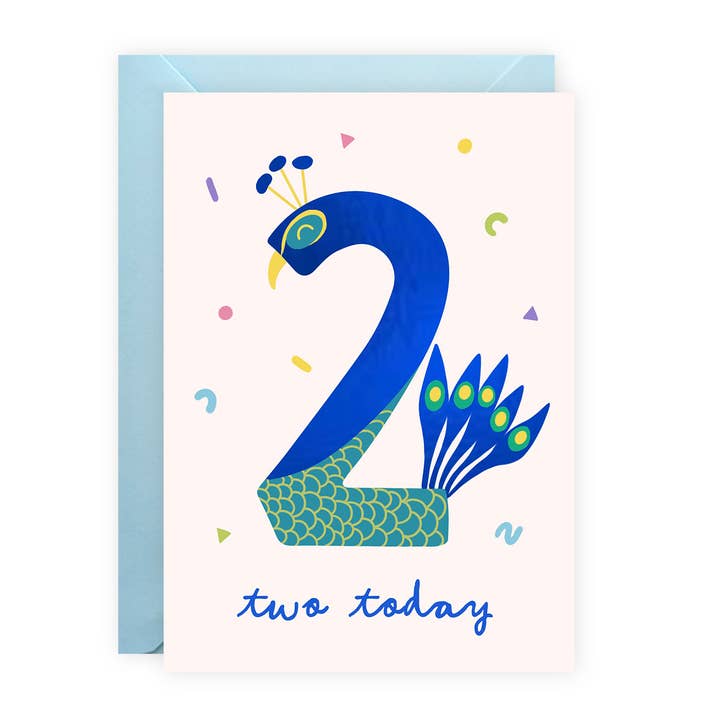 Foiled Unisex Second Birthday Card - Age 2 - Peacock for wholesale by Painted Parasol Studio