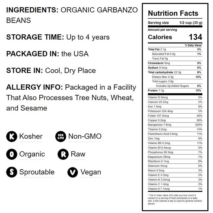 Food To Live - Venta al por mayor Alubias - Garbanzos orgánicos/garbanzos secos: crudos, germinables