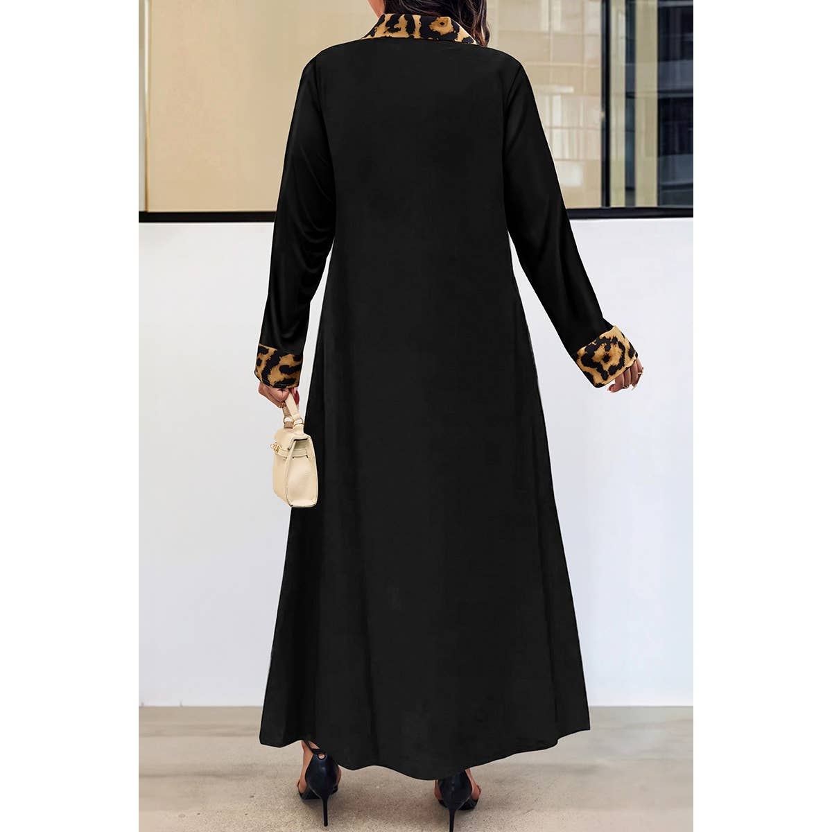 BLACK Plus Size Leopard Print Elegant Long Sleeve Dress for wholesale on Faire2