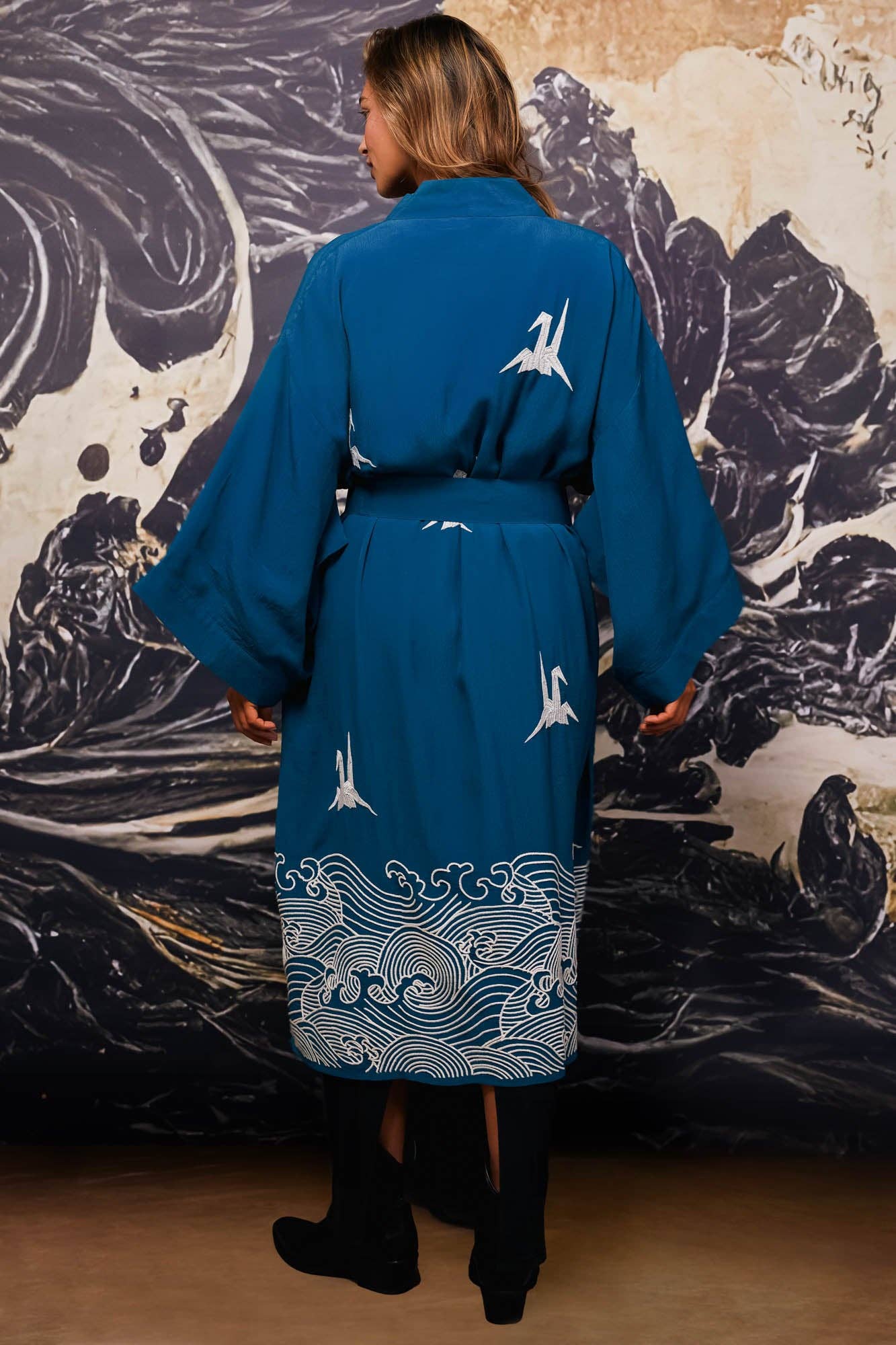 Artemis Muse – wholesale Kimono – Women's – Origami & Hokusai Wave Embroidered Fully Lined Deep Teal Long Kimono4