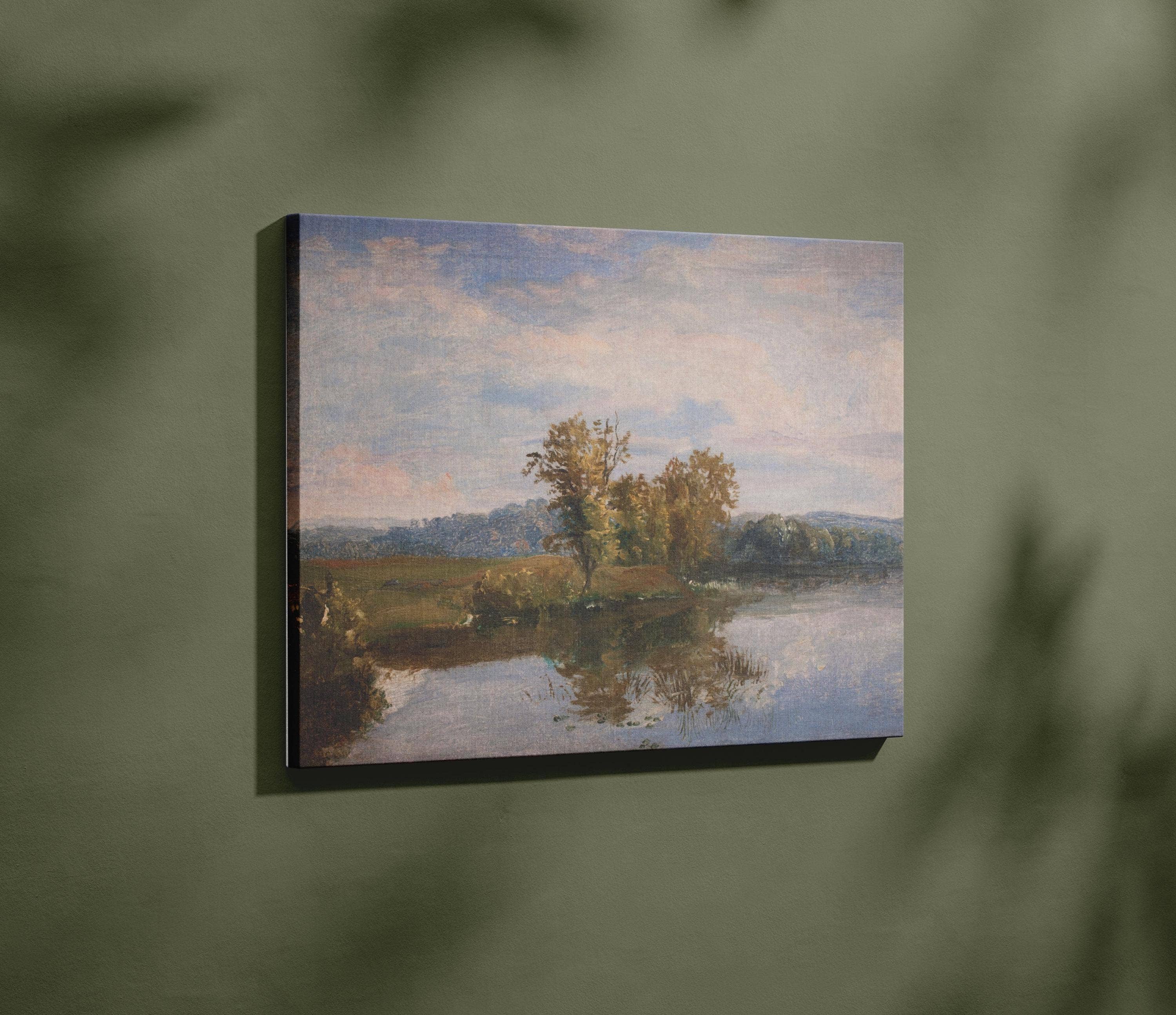 Plumnearly Prints - Wholesale Canvas Art - Sage Green Blue Lake Landscape Painting Framed Canvas Art 56