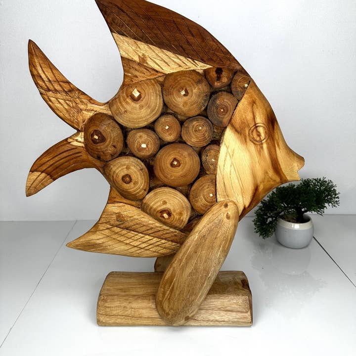 SCULPTURE DE POISSON RUSTIQUE, Poisson Ange en Bois de Teck, Sculpture de Poisson en Bois, Sculpture Ange pour la vente par baligood