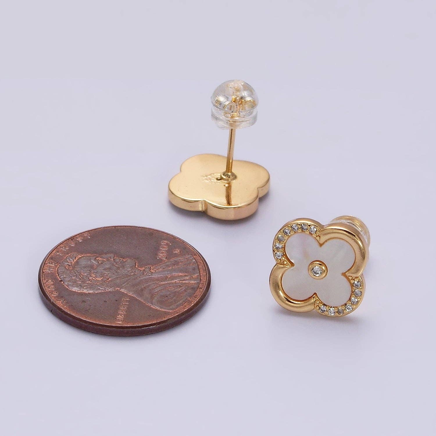 Aim Eternal - Wholesale Stud/Post Earrings - 16K Gold Filled 12mm Shell Pearl Quatrefoil Clover Micro Paved CZ Stud Earrings in Gold & Silver | AB1535 AB15364