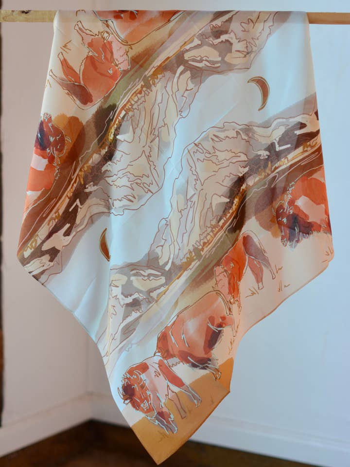 Bison and Mountain Range Western Buffalo Silk Wildrag Scarf for wholesale by Tirzah Lane Art