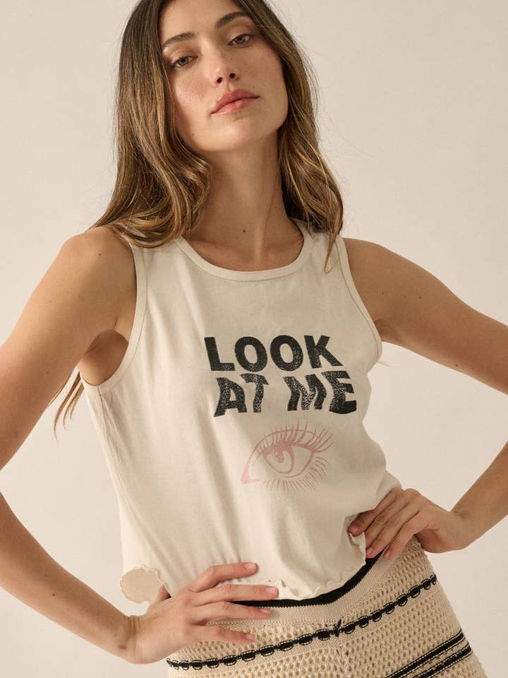 Look At Me Garment-Washed Graphic Tank Top for wholesale by Vintage Canvas