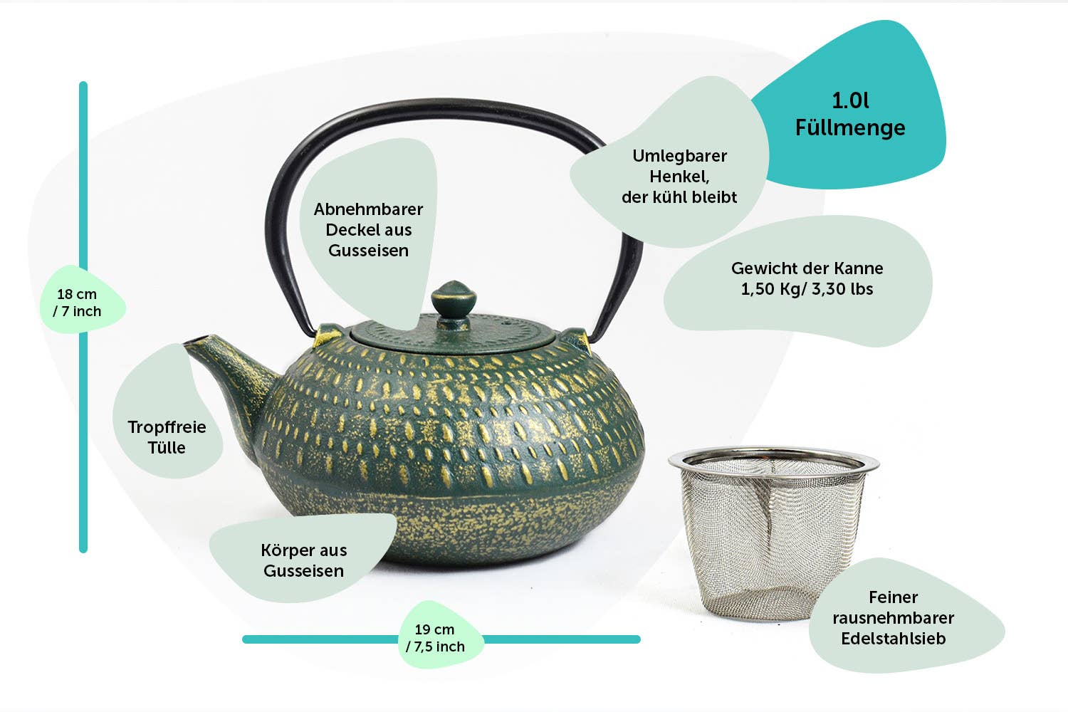 Ja-Unendlich - Vendita all'ingrosso Teiere - Teiera in ghisa Stripe, oro verde 1,0 l1