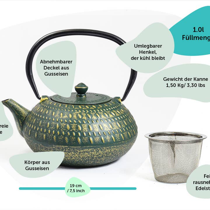 Ja-Unendlich - Vendita all'ingrosso Teiere - Teiera in ghisa Stripe, oro verde 1,0 l1