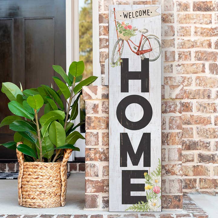 11x46 Welcome Home Bike with Flowers Leaner Sign for wholesale by Kindred Hearts