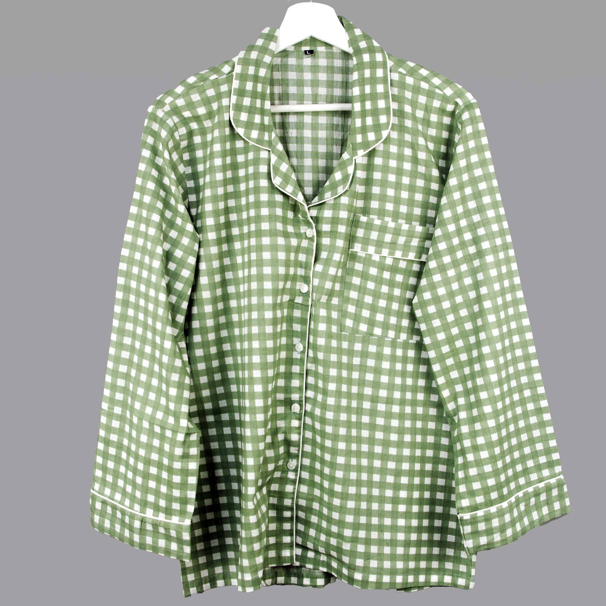 Kantha Decor - Wholesale Sleepwear Set - Women's - Long Cotton PJ Set With Pouch - Forest Sage & White Gingham 2