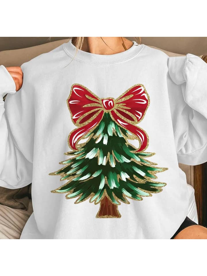 Peach Closet - Wholesale Graphic Sweatshirt - Women's - Christmas Tree With Red Bow T-Shirt or Crew Sweatshirt