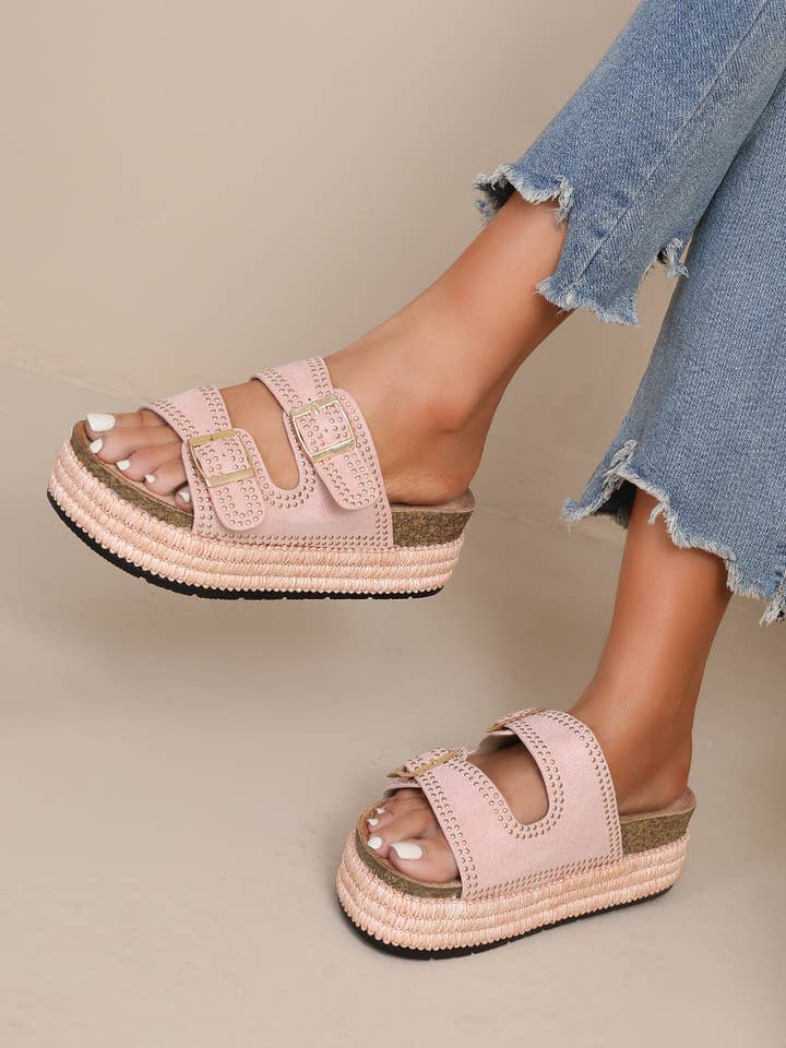 Trendy double buckle wedge clog with studs GZ-301 for wholesale by Joia Paris