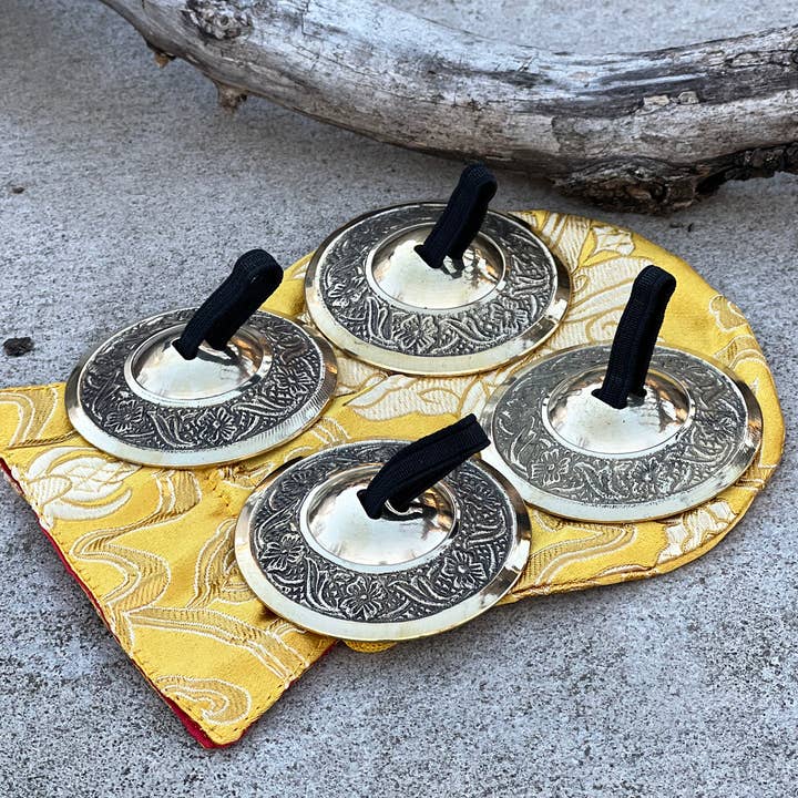 Lungta Imports – wholesale Musical instrument – 2 Pairs Brass Floral Finger Cymbals Zills for Belly Dance1