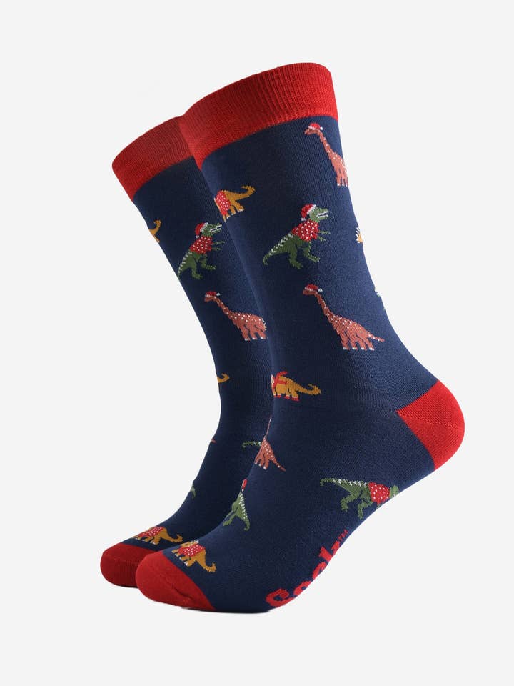 Men's Bamboo Socks - Navy Blue/Red, Christmas Dinosaurs for wholesale by Sock Talk