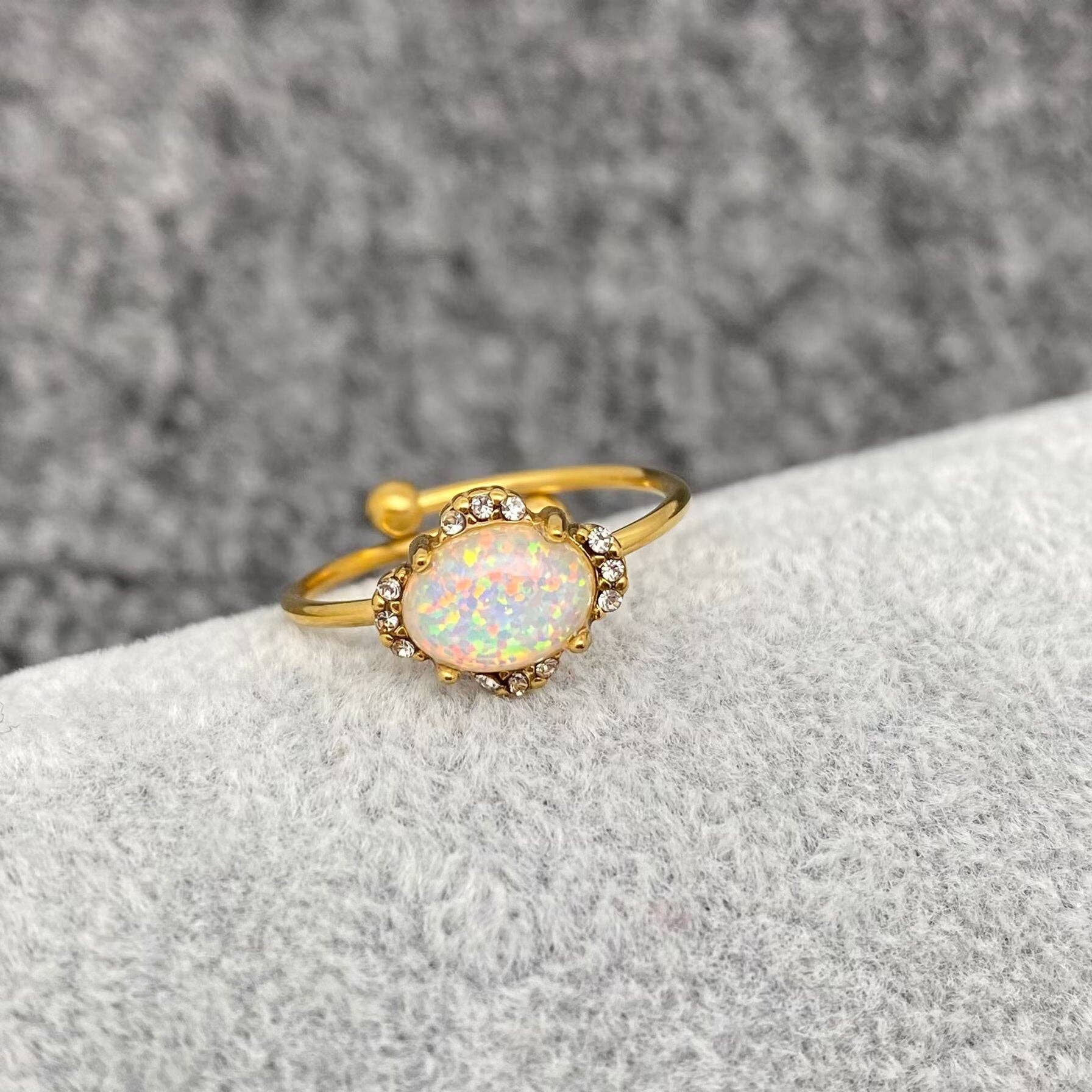 Mio Queena - Wholesale Single Stone/Solitaire Ring - Lucky Opal 18K Gold Plated SS Adjustable Ring - FGS/CS7