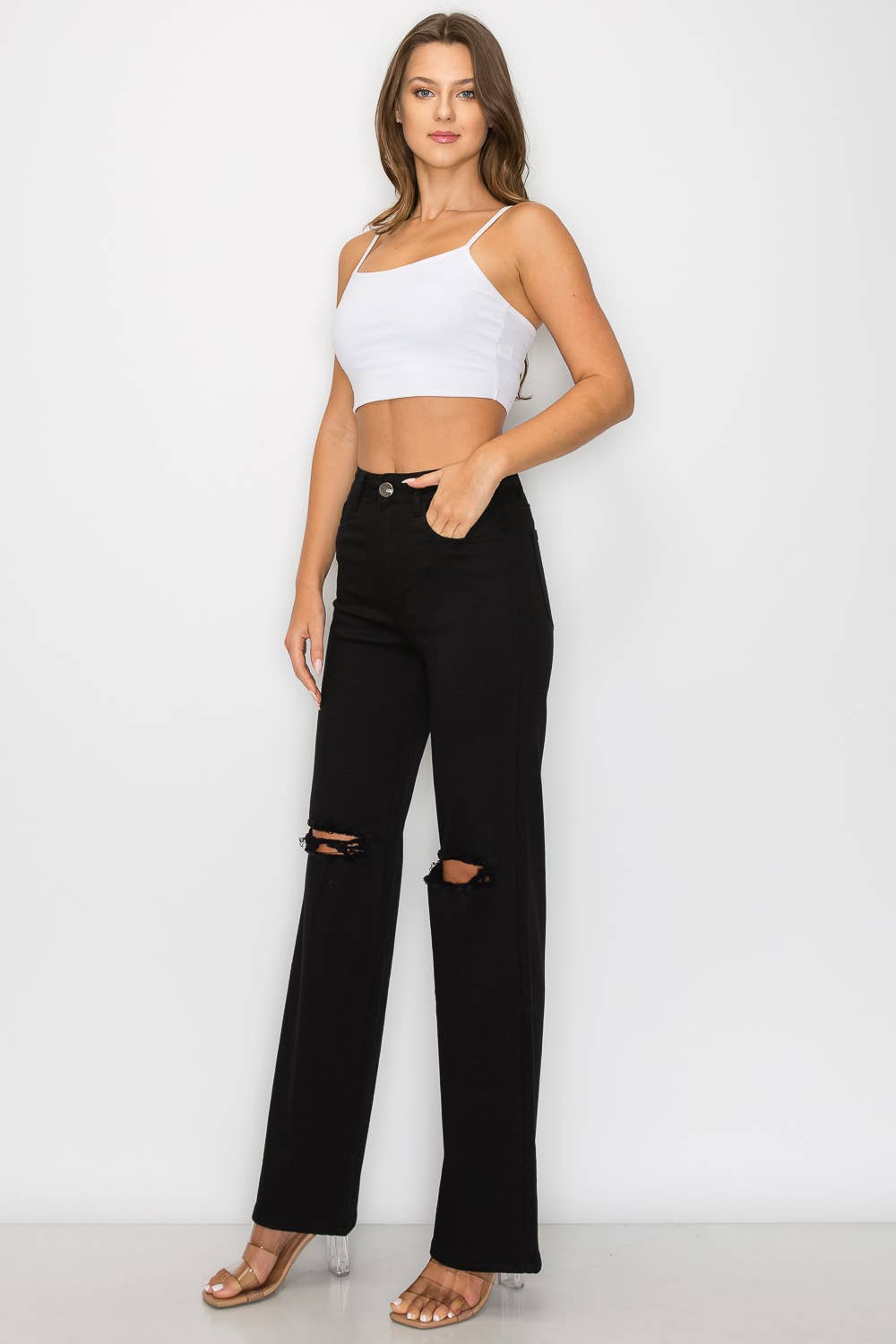 LVB-230 BLACK HIGH WAISTED STRETCHY COLORED WIDE LEGS JEANS for wholesale on Faire1