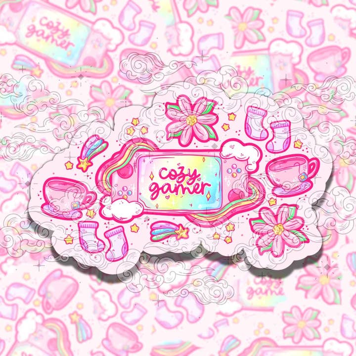 Pegatina de vinilo colorida y linda de color rosa para gamer acogedor. para venta al por mayor de Sticky Sadness Designs