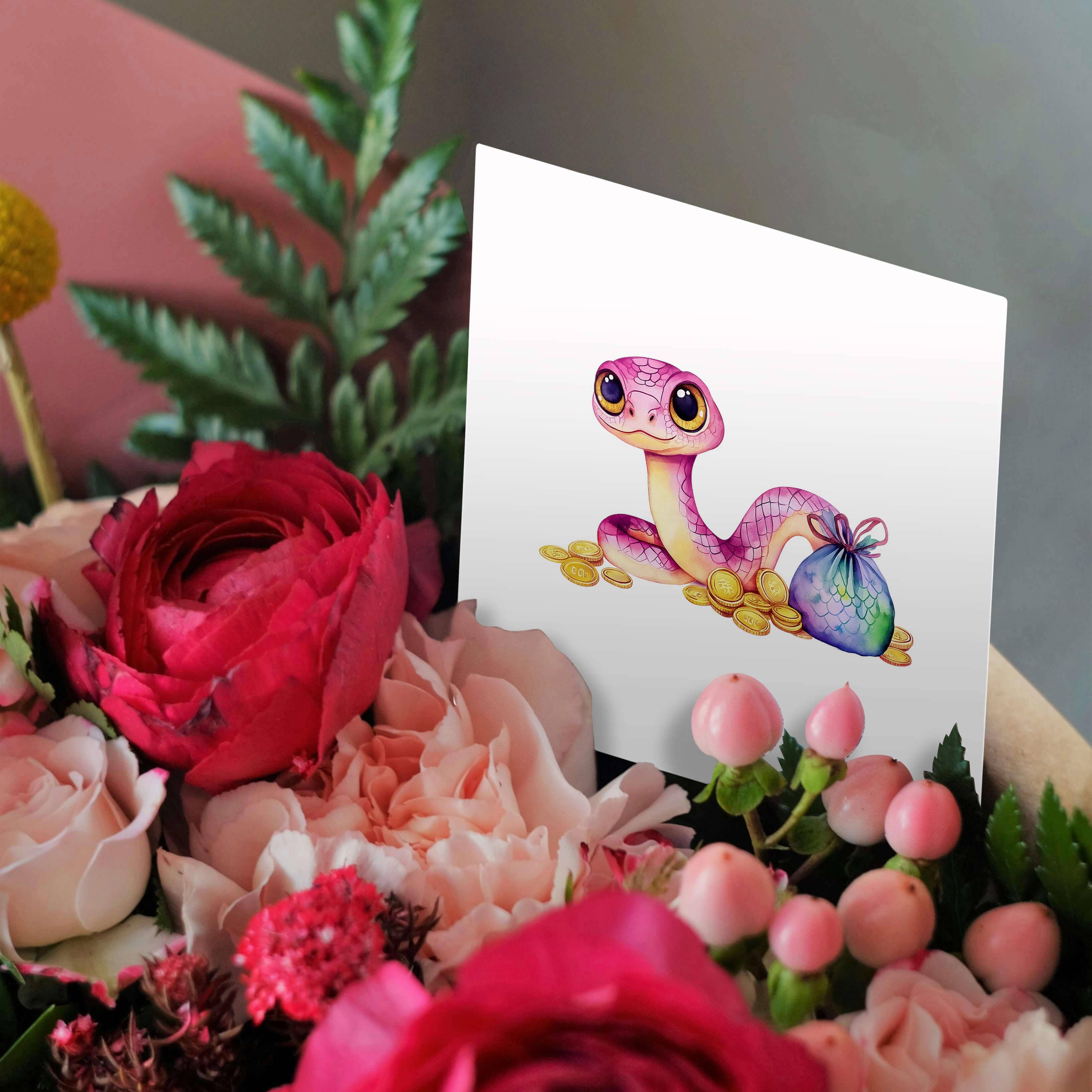 3dRose - Vente Carte de vœux classique - 3dRose, Image de serpent violet et pièces d'or - Zodiaque chinois 2025. Beau cadeau, Carte de vœux2
