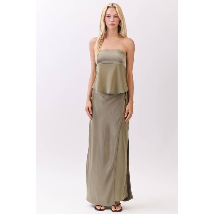 Strapless Sheer Layered Top & Satin Skirt Set for wholesale by Honey Mango
