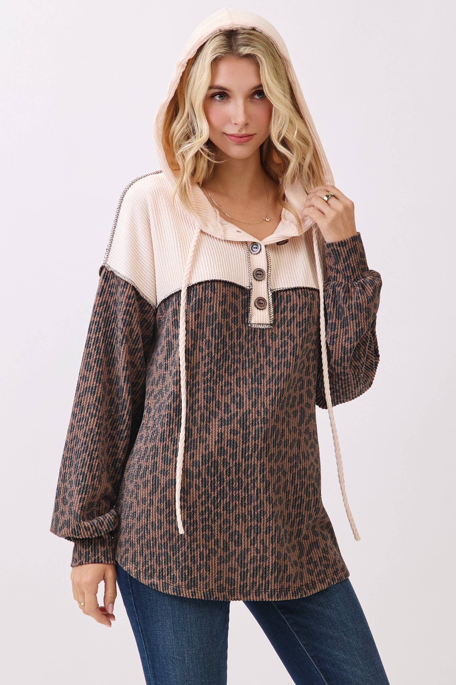 7th Ray - Wholesale Hoodie - Women's - Leopard Print Button Front Drawstring Hoodie T611516