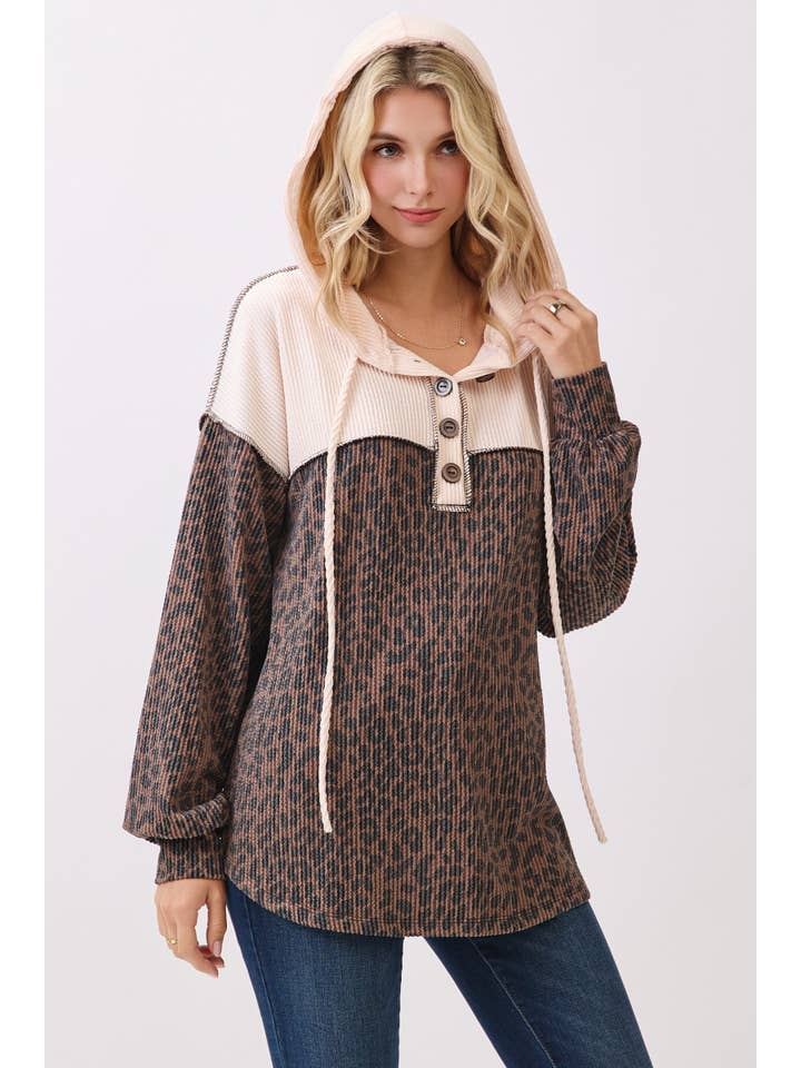 7th Ray - Wholesale Hoodie - Women's - Leopard Print Button Front Drawstring Hoodie T611516