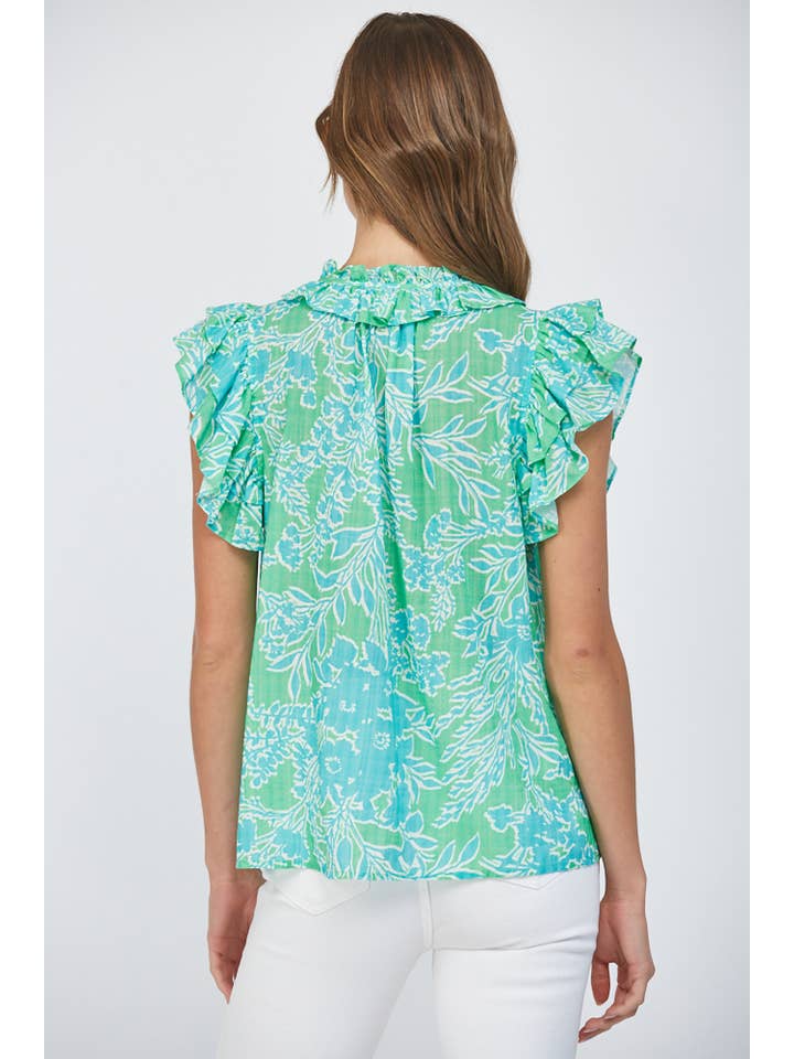 GREEN MULTI FLUTTER SLV RUFFLE COLLAR TOP FT22201 for wholesale on Faire