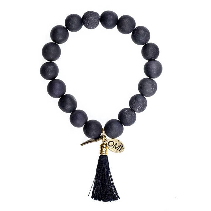 Black Matte Agate Druzy Bead Bracelet With Tassel - 10mm-wholesale for wholesale by omibeads