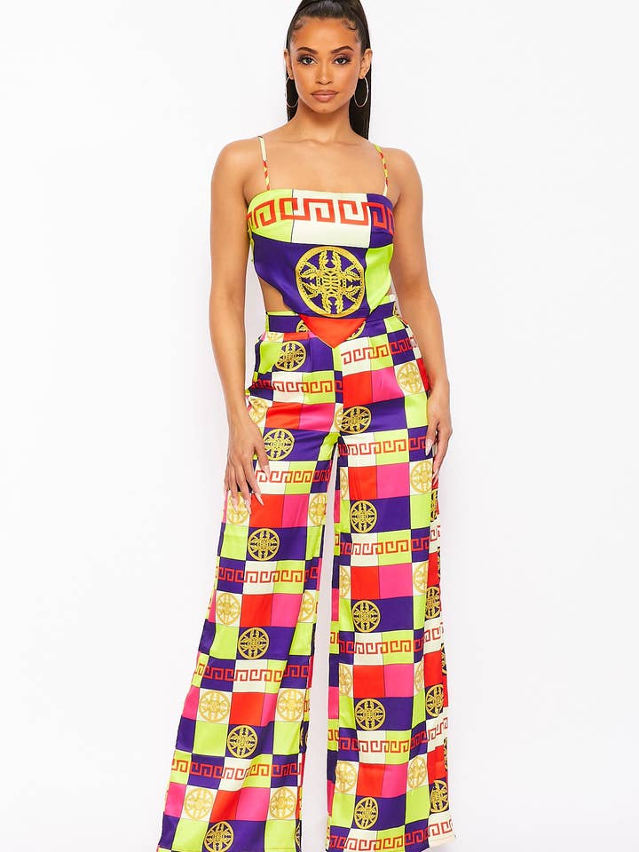 Multicolor print crop top & wide-leg pant set for wholesale by N1