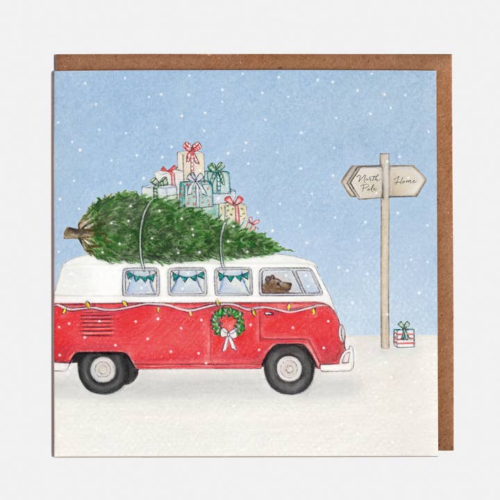 Camper Van & Christmas Tree Christmas Card - Blank for wholesale by Lottie Murphy