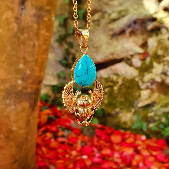 Kaali Boutique - Wholesale Pendant/charm necklace - Golden Scarab Necklace / Turquoise / Talisman / Third Eye / Hypoallergenic / Brass / Boho / Inca / Ethnic / Illuminati0