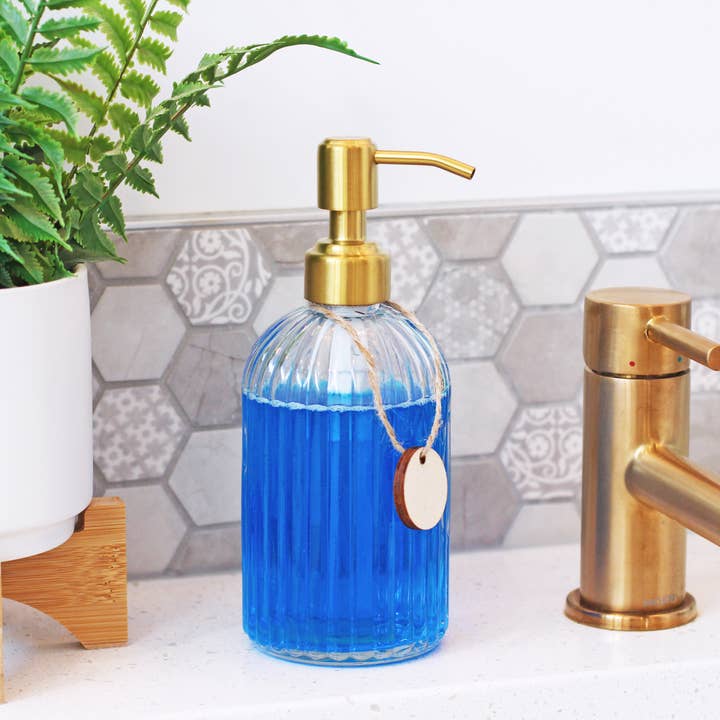 Matrix Aromatherapy - Wholesale Soap Dispenser - 14oz Empty Fluted Glass Lotion/Soap Bottle - Brass Pump1
