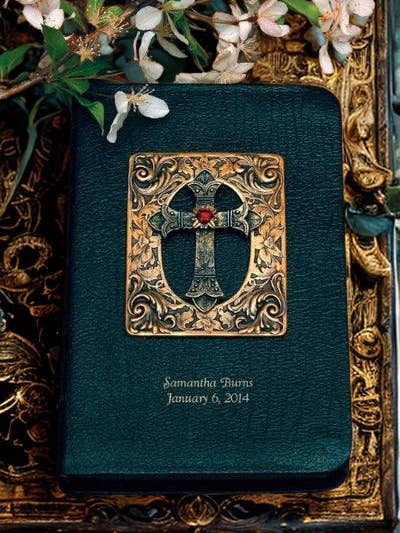 Jeweled Bible with Antiqued Brass & Garnet Cross for wholesale by DeMartineau