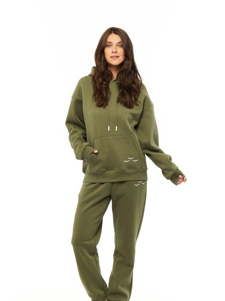 Conjunto de moletom relaxado de lã premium feminino em verde-oliva por atacado de Lazypants