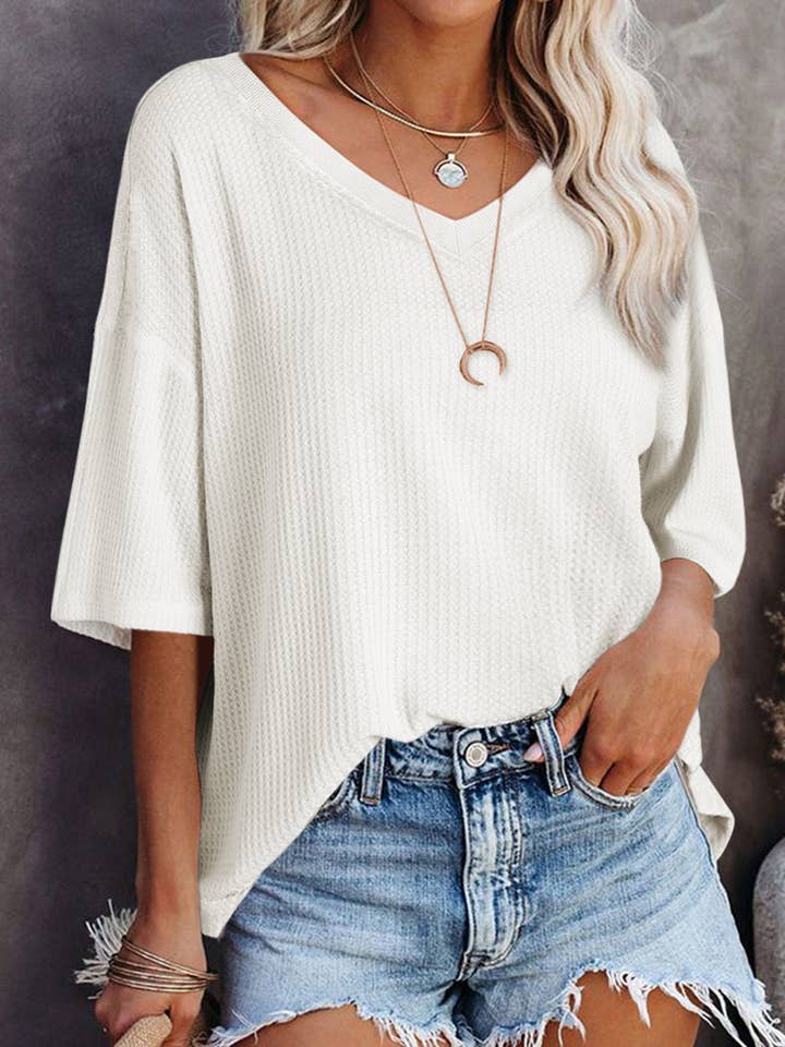Lovesoft - Wholesale Knit Top - Women's - Waffle Texture Ribbed V Neck Drop Shoulder Loose Tee