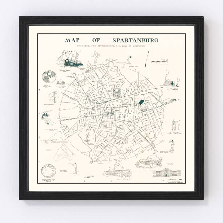 Vintage Map of Spartanburg, South Carolina 1939 for wholesale by Ted's Vintage Art