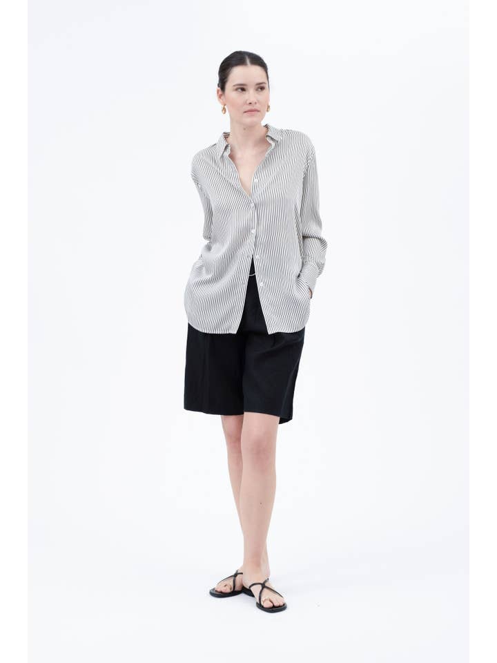 The Workshop Studio - Wholesale Blouse - Women's - PINSTRIPE BUTTON DOWN LONG SLEEVE SATIN BLOUSE