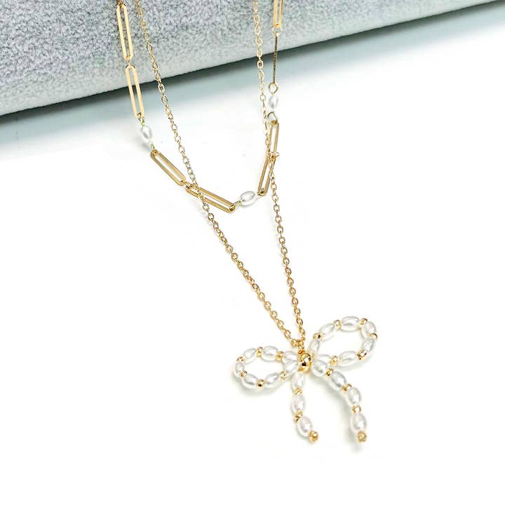 StarryNYC - Wholesale Pendant/Charm Necklace - Pearl Beaded Bow Pendant 2 Row Layer Chain Necklace