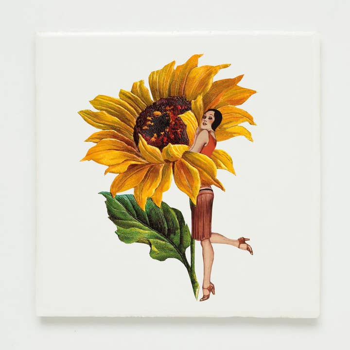 Wall tile collage lady with sunflower for wholesale by Lylies