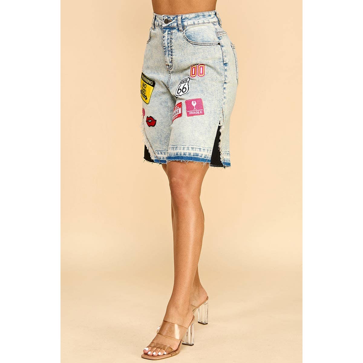 LIGHT BLUE Patchwork Distress Denim Short for wholesale on Faire2