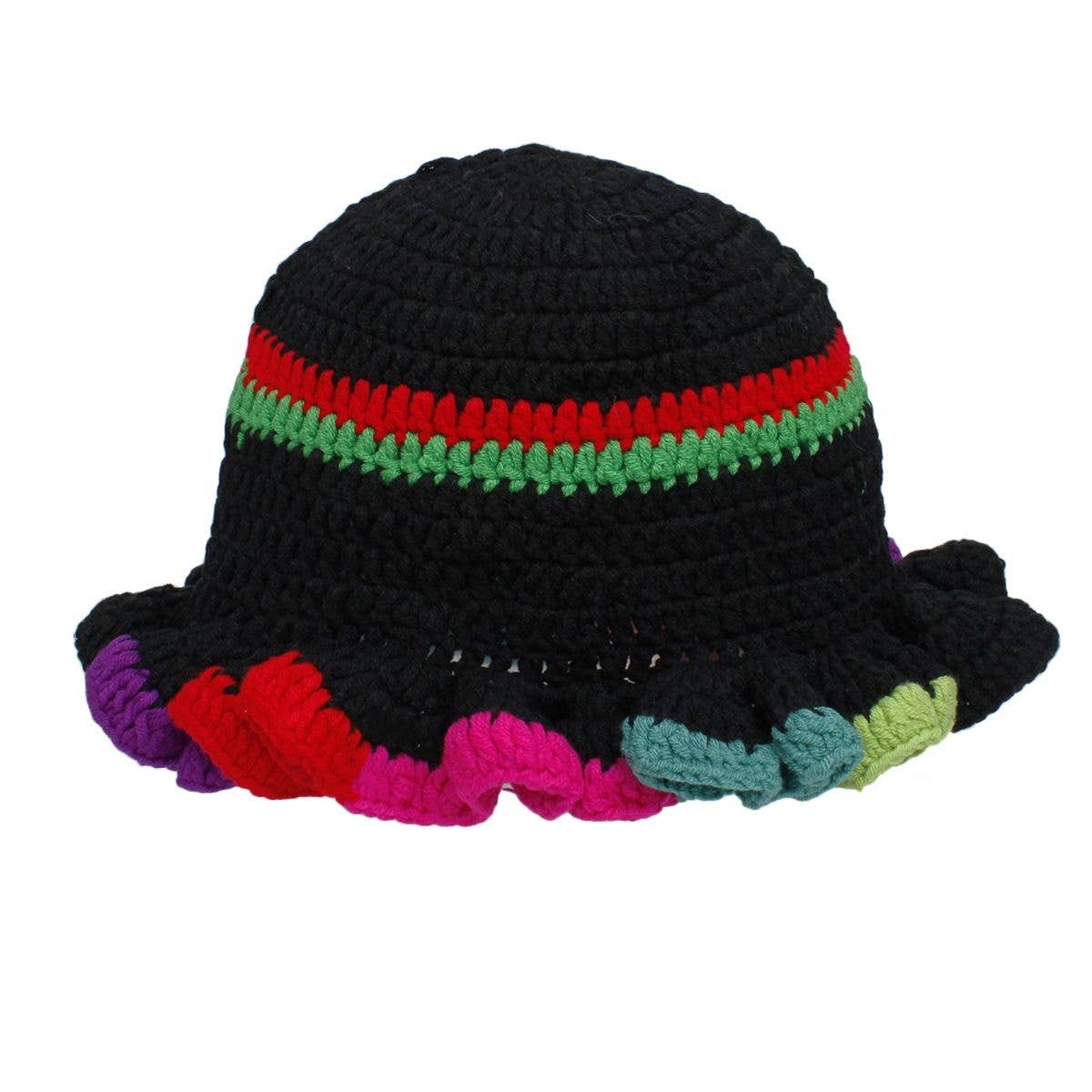 Farbe: Schwarz Schwarzer Häkelhut mit mehrfarbigen Rüschen für Damen für den Großhandel auf Faire1