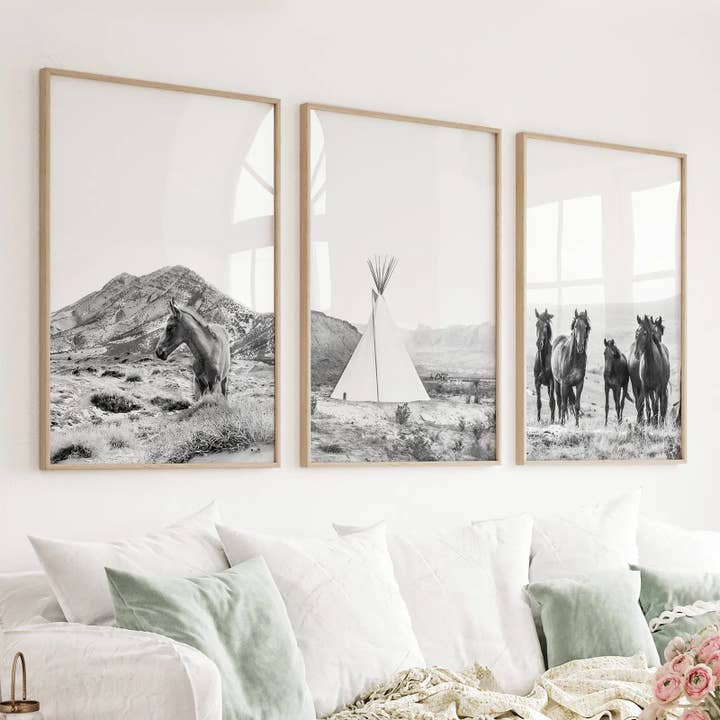 Art Lane - Wholesale Art Print - Black White Western Wall Art. Desert, Horses, Tepee Poster