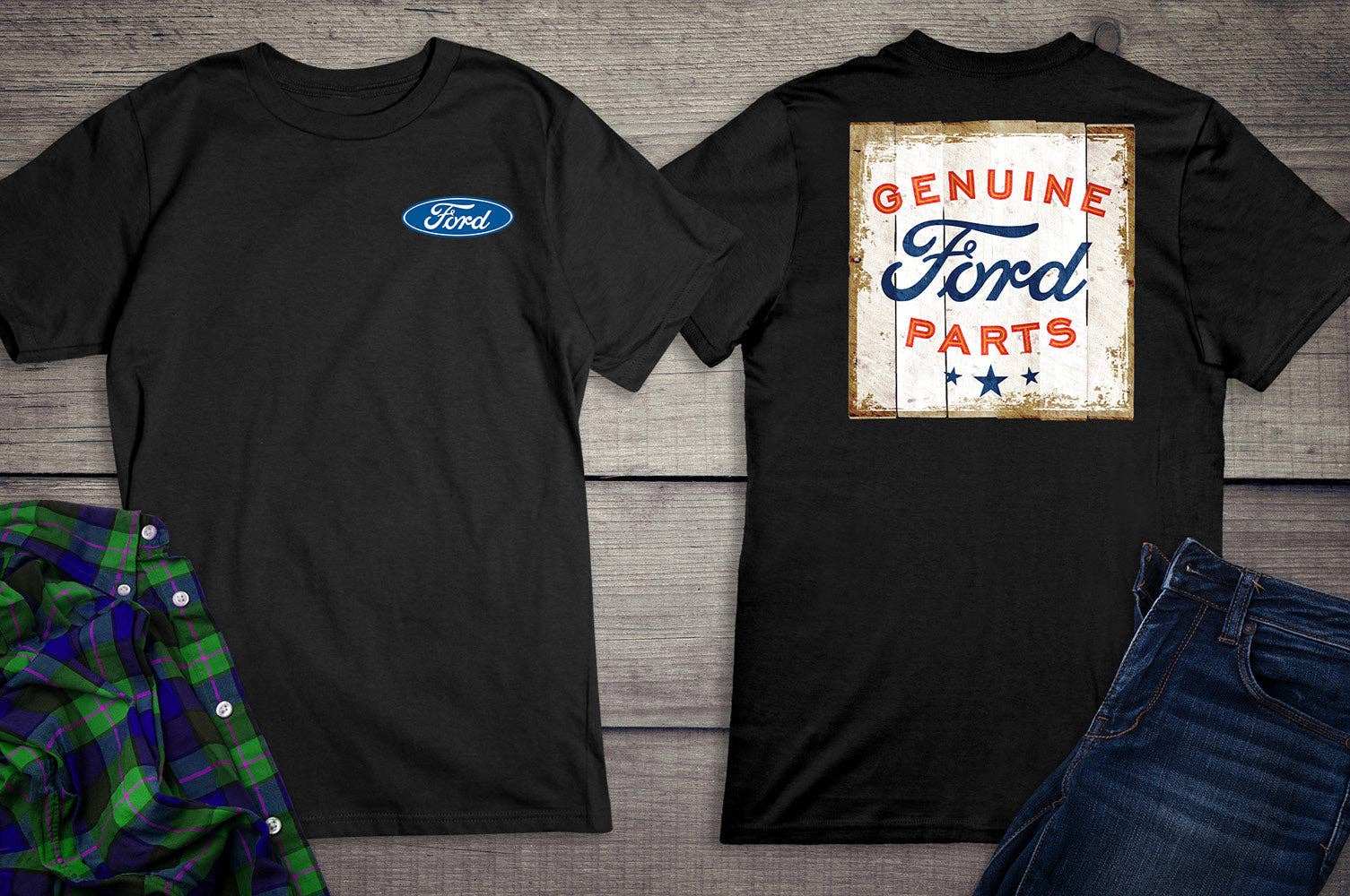 Artopia - Wholesale Screen Printed T-Shirt - Unisex - Ford Motor Company, Genuine Ford Parts Logo Distressed Sign T-Shirt2