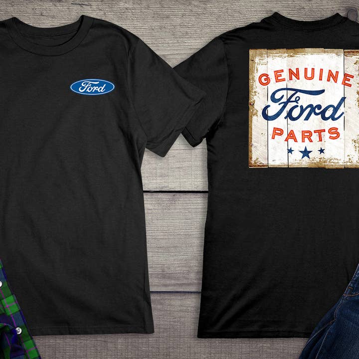 Artopia - Wholesale Screen Printed T-Shirt - Unisex - Ford Motor Company, Genuine Ford Parts Logo Distressed Sign T-Shirt2