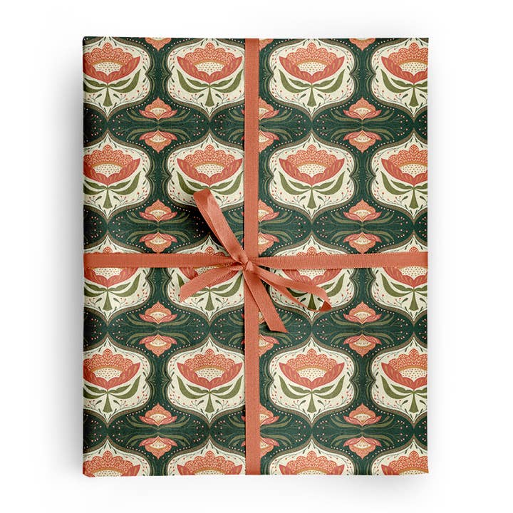 Green Folk Floral Wrapping Paper – 3 Rolls (3 Sheets Each) for wholesale by Amicreative