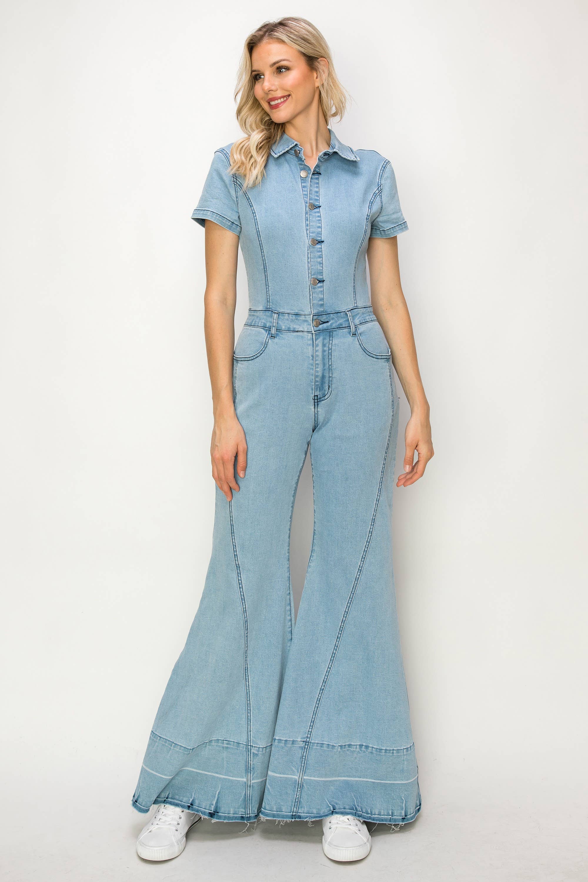 WIDE LEG DENIM JUMPSUIT - LT DENIM 4440 for wholesale on Faire6