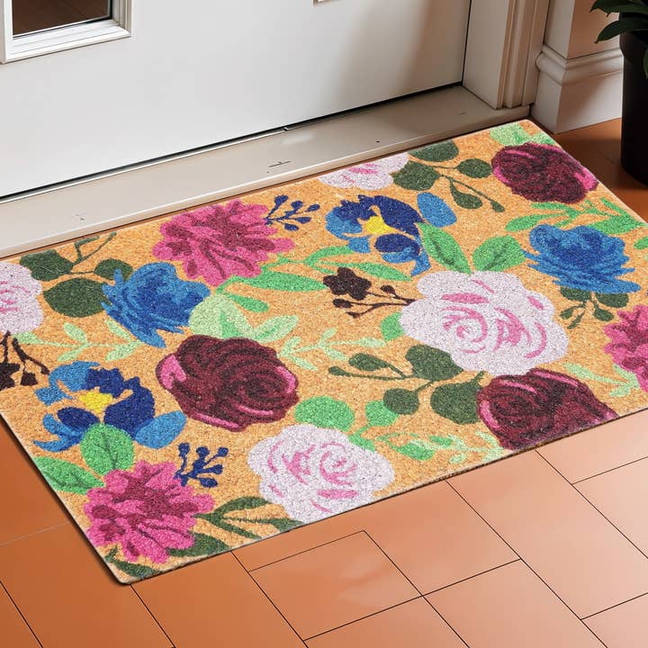 Paillasson d'extérieur en fibre de coco 17" x 29" à motif floral rose et bleu naturel pour la vente par HomeRoots