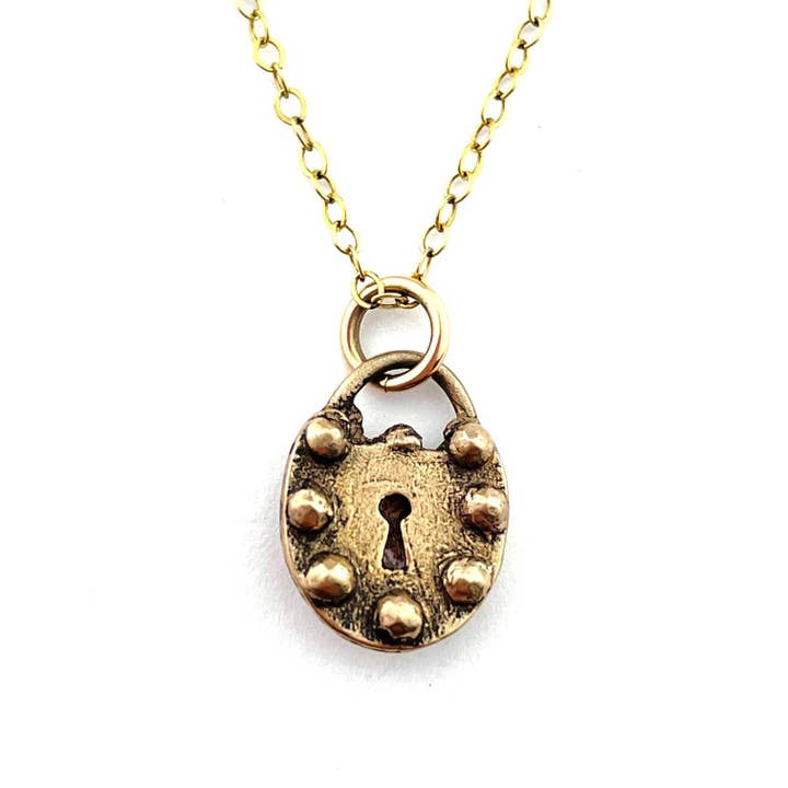 RIVETED LOCK Charm Necklace - Gold, Silver or Bronze for wholesale by Compass Rose Design
